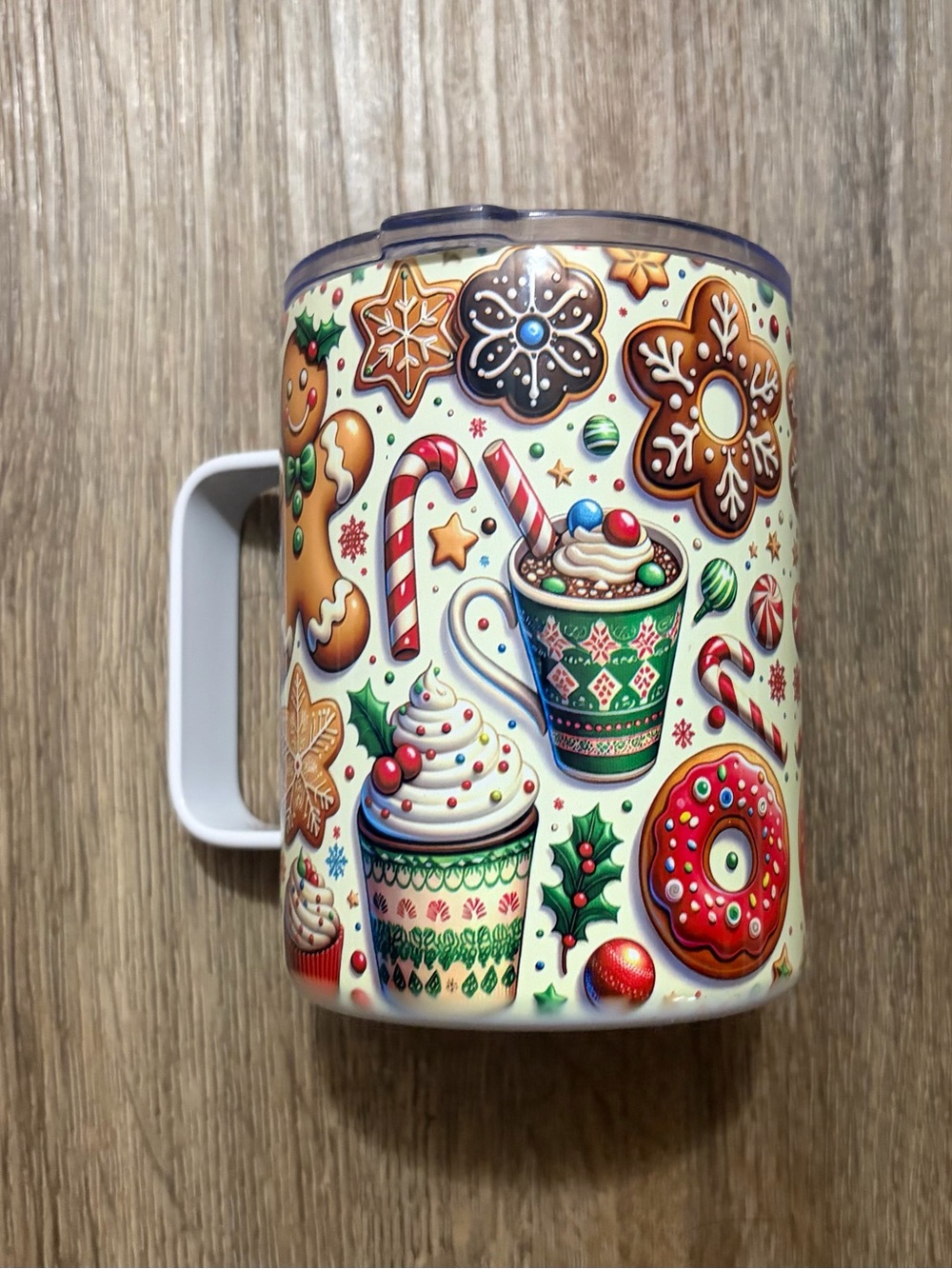 Holiday Coffee, Cookie & Cupcake Pattern Tin Travel Mug w/ Lid & Handle